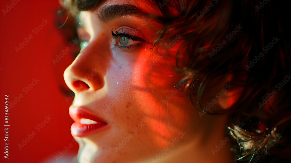Primer plano de joven trans con mirada pensativa bajo luz roja Primer plano de joven trans con mirada pensativa bajo luz roja