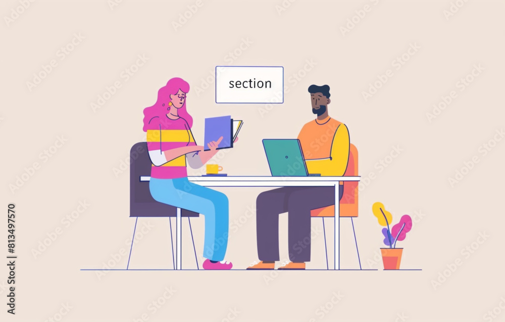 Flat illustration of two people talking, one holding documents and the other sitting at an office desk with a laptop computer, color palette white, yellow,