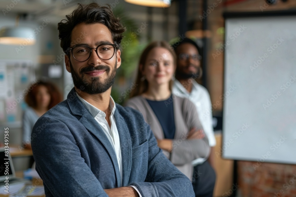 Confident Trainer Leading Training Session: Close-Up Shot of Trainer in Front of Whiteboard, Diverse Group of Employees Engaged... Confident Trainer Leading Training Session: Close-Up Shot of Trainer in Front of Whiteboard, Diverse Group of Employees Engaged...