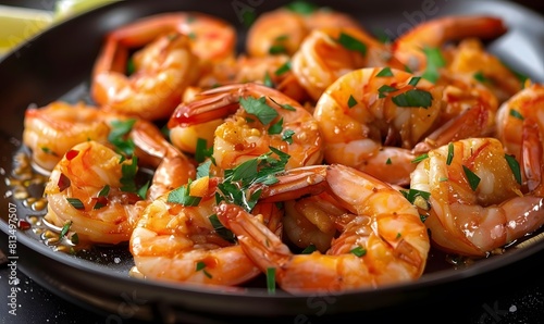 fried shrimp with garlic close-up