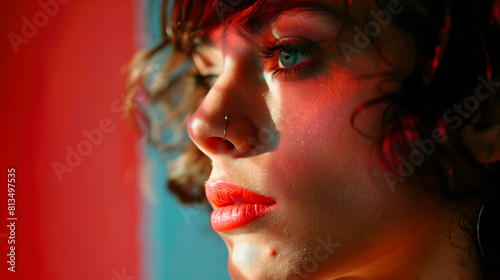 Primer plano de joven trans con mirada pensativa bajo luz roja photo