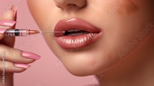 Close-up of female lips getting a cosmetic injection. Beauty procedure concept. Minimalist style with pink backdrop. Modern aesthetic treatment. AI