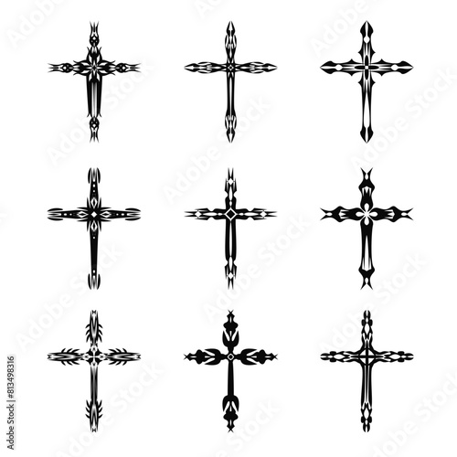 Christian cross vector icon symbols.  Abstract christian religious belief or faith art illustration for orthodox or catholic design. The symbol of the cross in various designs used in tattoo.