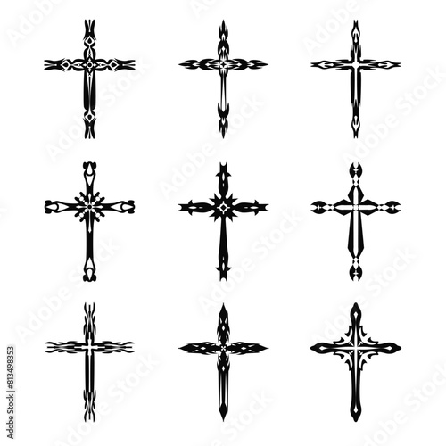 Christian cross vector icon symbols.  Abstract christian religious belief or faith art illustration for orthodox or catholic design. The symbol of the cross in various designs used in tattoo.
