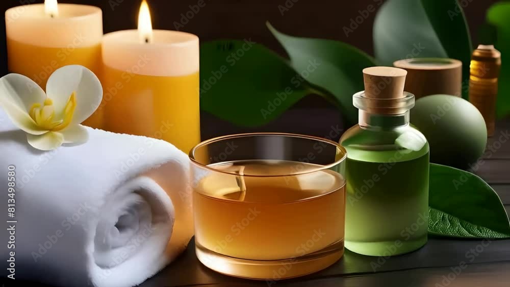 fresh spa arrangement with candle and essential oil. illustration animation. fresh spa arrangement with candle and essential oil. illustration animation.