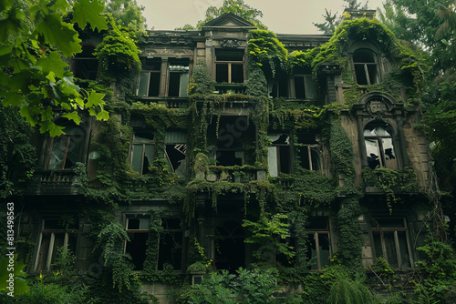 A majestic abandoned mansion overgrown with ivy, faded grandeur visible in the intricate architectur   photo