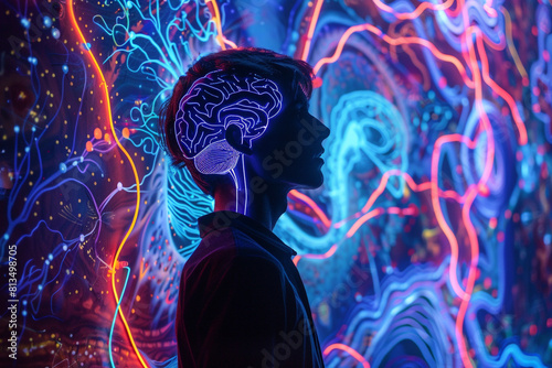 A male silhouette with a brain aglow, depicted in radiant neon, symbolizes the enlightenment and complexity of the human mind 