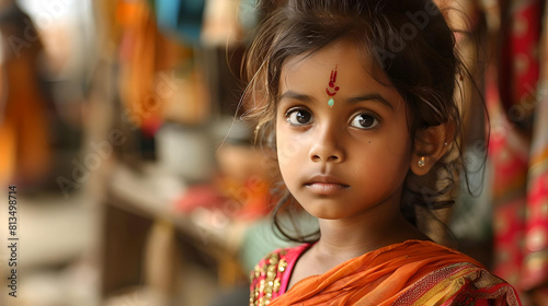 A young Indian girl gazes thoughtfully at the camera, dressed in colorful traditional attire, with a small bindi on her forehead.