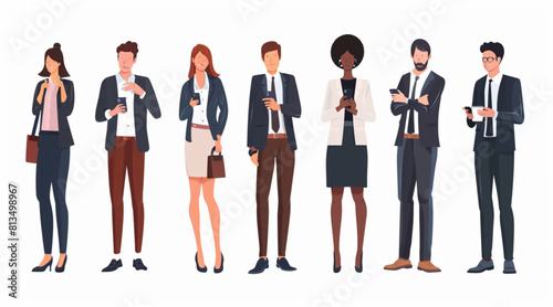  Generate an illustration of business people standing in line, facing away from the camera with one person holding and showing something on their tablet or phone to highlight