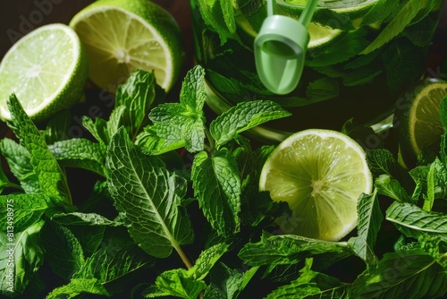 A refreshing mojito being muddled with fresh mint leaves and lime slices , super realistic photo