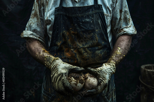 A man in a dirty apron and gloves