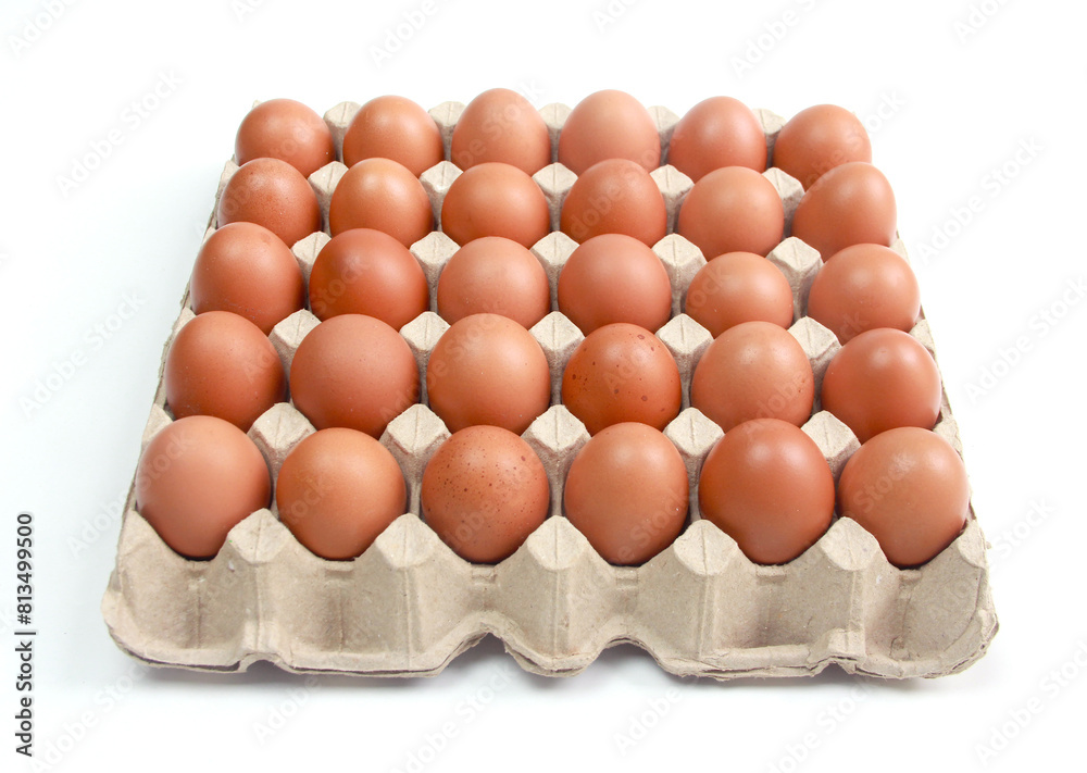 Eggs or chicken eggs in cardboard box isolated on white background Eggs or chicken eggs in cardboard box isolated on white background