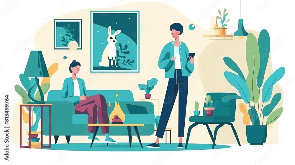 Fototapeta premium A cozy isometric living room with a TV, couch, coffee table, plants, and people relaxing. The room is decorated in a modern style with pops of color.