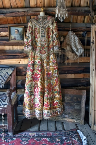 A Russian sarafan dress displayed in a traditional izba hut, featuring rich brocade fabrics and intricate folk embroidery, Generative AI photo