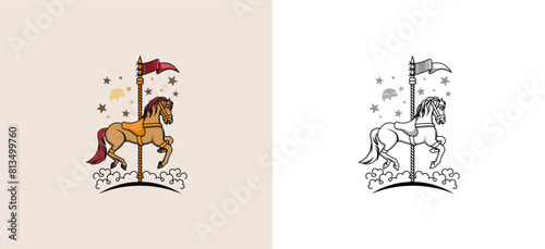 Vector illustration of classic carousel horse logo design with sketches and colorful colors