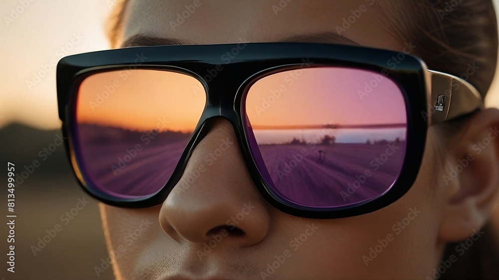 With her purple-tinted glasses, a woman reflects the beauty of the scenery she observes, offering a glimpse into her perspective With her purple-tinted glasses, a woman reflects the beauty of the scenery she observes, offering a glimpse into her perspective