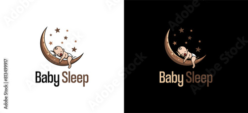 Vector illustration of a cute baby logo design sleeping on a crescent moon, baby shop logo