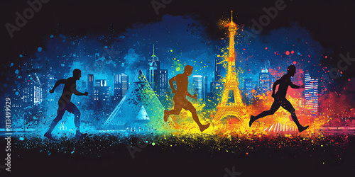 Three runners are running in a city with a large Eiffel tower in the background
