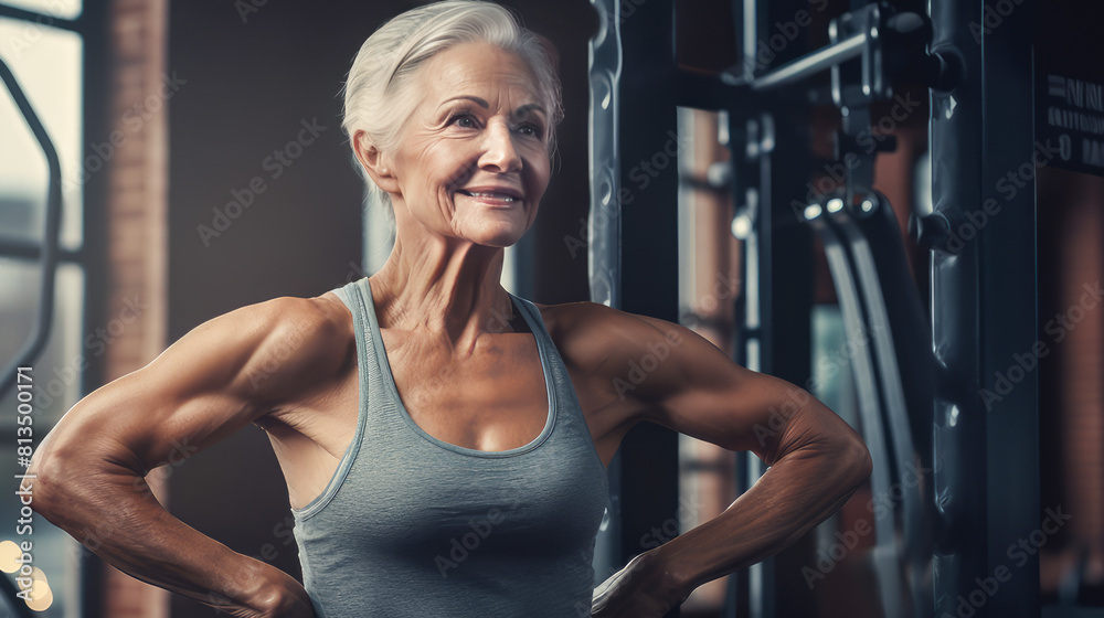 Obraz premium woman elderly old happy smiling doing sports in the gym on a pink background.