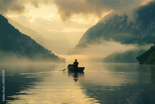 A man rows a boat on a Norwegian fjord © xadartstudio