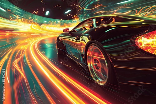 In this image, strobe lights illuminate the car's exterior with bursts of light, accentuating its speed and agility as it races down the road