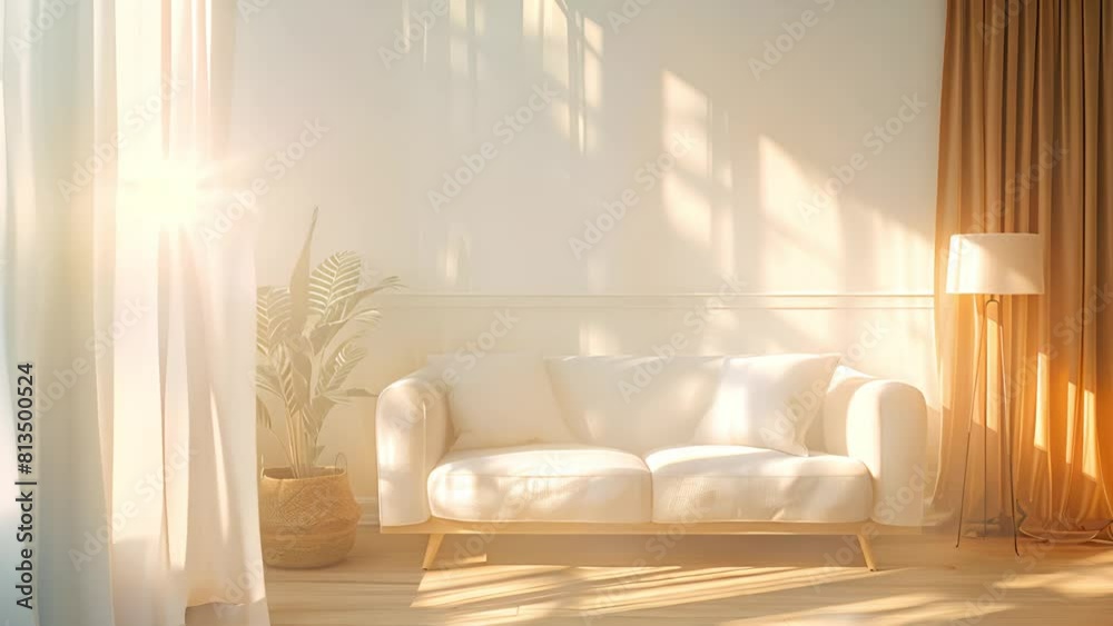 Cozy bright living room with sunlight shining trough window. Curtains moving next to white sofa. 3d rendering picture of an living room with sunlight shine through a sliding door, wooden floor 4k