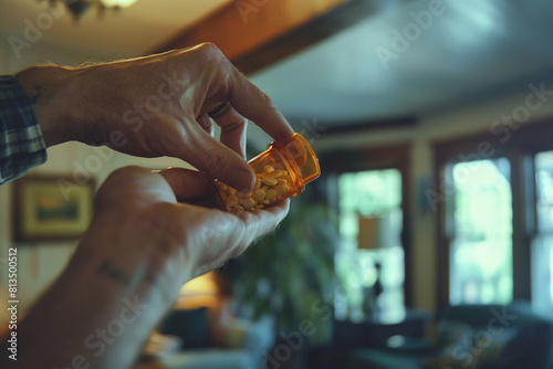 A man's hand holds a bottle of pills and pours medicine into his hand in his home photo