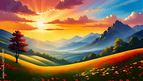 painting art beautiful sunrise in the mountainmeadow landscape. sunray and golden. illustration animation.  photo