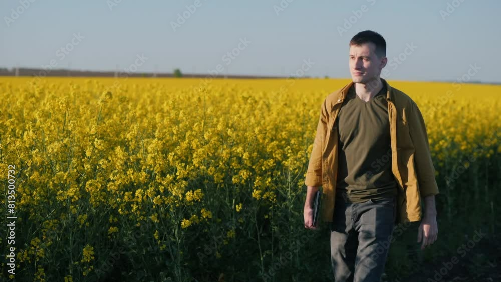 Confident young farmer walks along a blooming rapeseed field Confident young farmer walks along a blooming rapeseed field