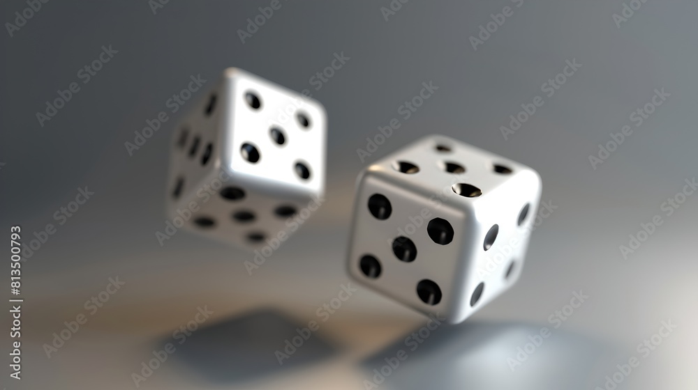 Two white dice in mid-air showing different numbers. Capturing the moment of chance in a simple, minimalistic style with a blurred background. Perfect for gaming concepts. AI Two white dice in mid-air showing different numbers. Capturing the moment of chance in a simple, minimalistic style with a blurred background. Perfect for gaming concepts. AI