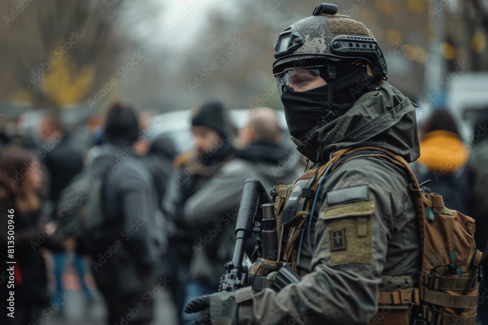 a member of the security force keeps order at a public event a member of the security force keeps order at a public event