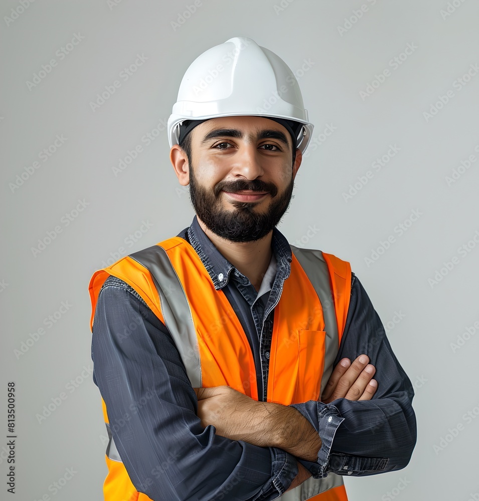 Confident Construction Worker in Safety Gear. Professional Portrait in Studio. Smiling Engineer with Arms Crossed. Ideal for Industrial Use. AI Confident Construction Worker in Safety Gear. Professional Portrait in Studio. Smiling Engineer with Arms Crossed. Ideal for Industrial Use. AI