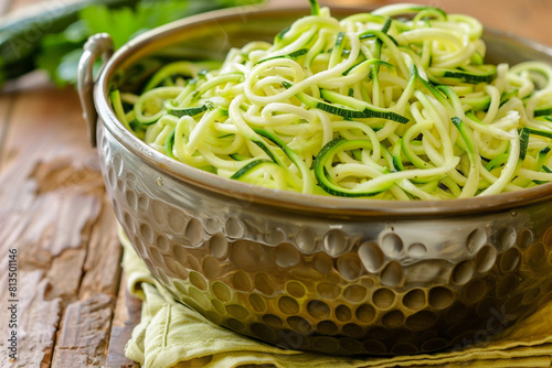 A metal bowl filled with zucchini noodles photo