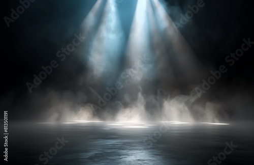 Spotlight shine design illuminates between smoke  an entertainment club concert stage 
