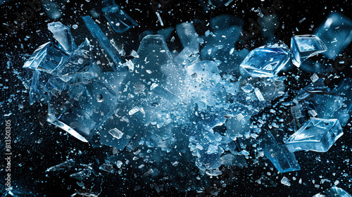 Abstract blue Ice explosion parts isolated on black background