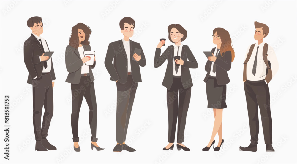 A set of business people standing and talking with smartphones, vector illustration on a white background. 