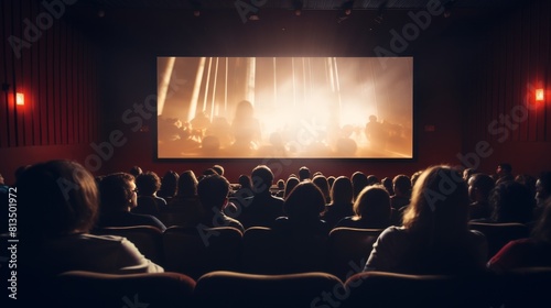 Back view of people watching movie Blank cinema screen
