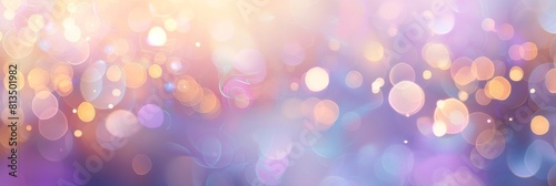 Abstract blur bokeh banner background. Rainbow colors, pastel purple, blue, gold yellow, white silver, pale pink bokeh background