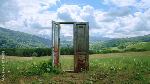 An open door stands in a green landscape