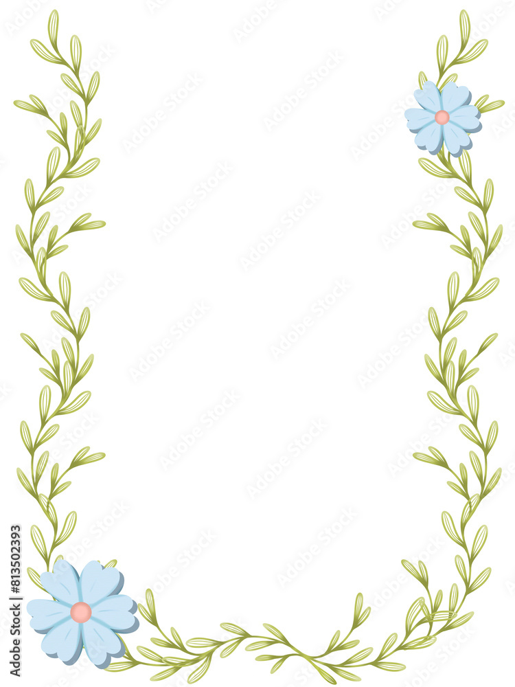 The floral frame is a wreath of leaves, twigs and blue flowers. Festive decoration for greeting, wedding and invitation cards. Hand-drawn, digital illustration, on a white background.