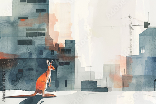 A Minimal Watercolor of a Kangaroo on the Street of a Large Modern City