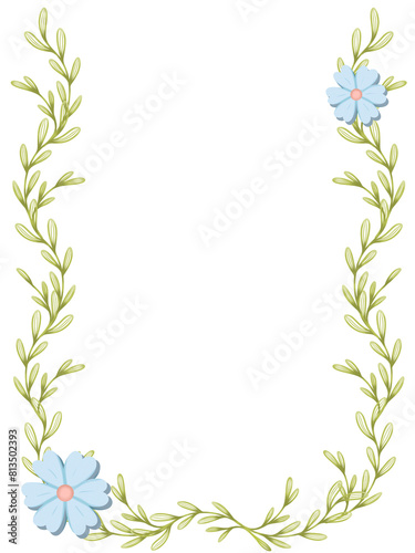 The floral frame is a wreath of leaves, twigs and blue flowers. Festive decoration for greeting, wedding and invitation cards. Hand-drawn, digital illustration, on a white background.