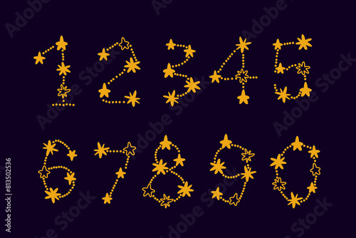 Cartoon number illustrations as constellations on dark background. Vector illustration
