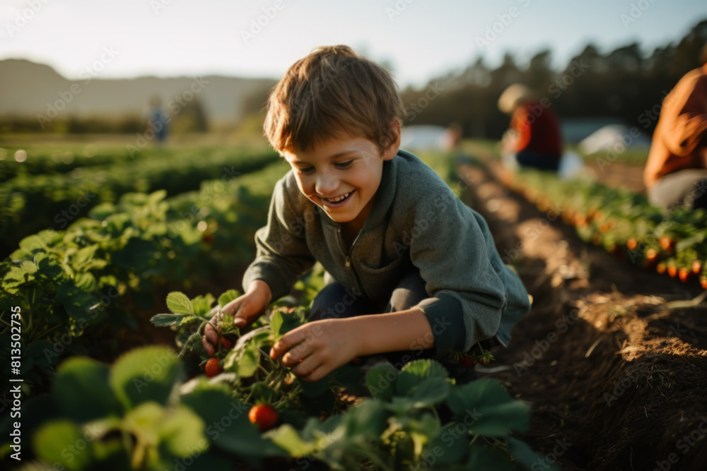 Joyful Boy Picking Fresh Strawberries in Sunny Garden