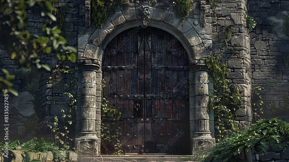 A medieval castle gate guarded by a massive lock, symbolizing the protection of ancient secrets within.