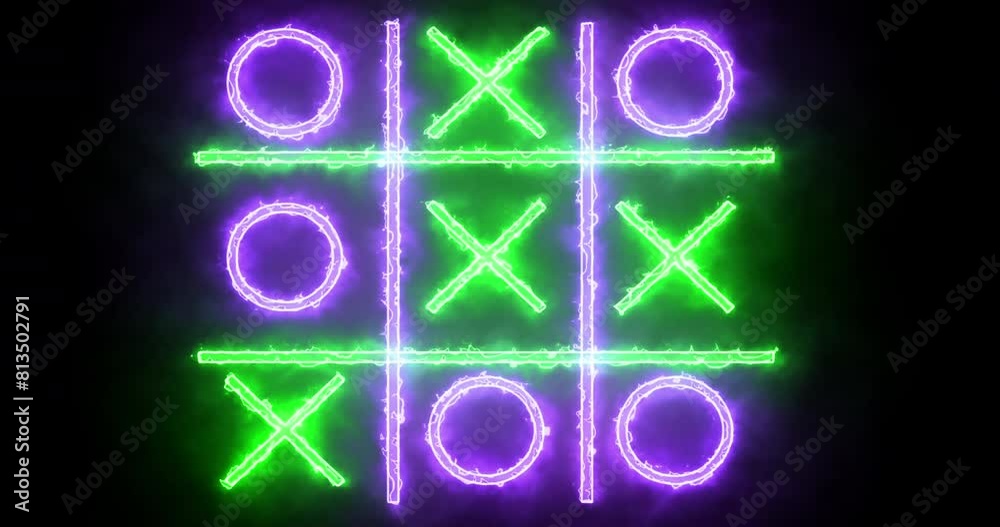 4K purple and green Tic Tac Toe game icon on a black background. Glowing neon line Tic Tac Toe X-O game icon on a black background. Technology video material animation. Easy to use in any video.