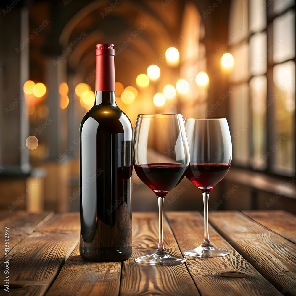 Rustic Elegance: Red Wine Bottle and Glass on Wooden Table