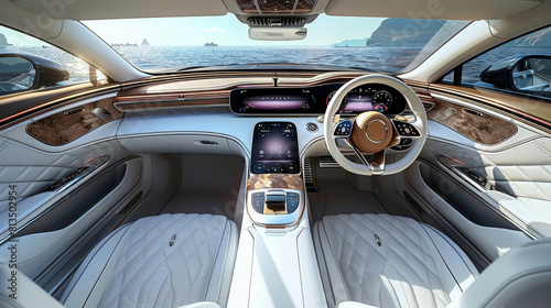 A luxury car interior. Modern and comfortable car. Generative AI. © visoot