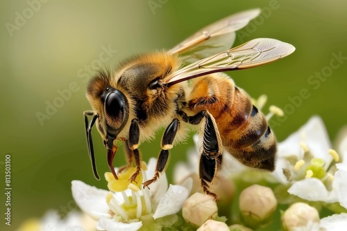 Close-up view of a bee collecting nectar from flowers to make honey, capturing the essence of nature's sweet creation.