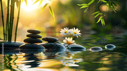 Serene Zen Stones with Sunset Reflection in Water